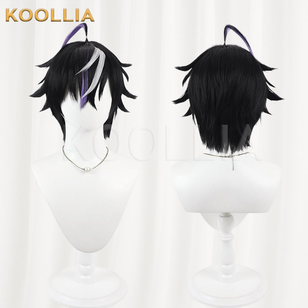 Vtuber Kune Leo Black Layered Short Wig Silver White Purple Highlights Fluffed Root Basic Wig
