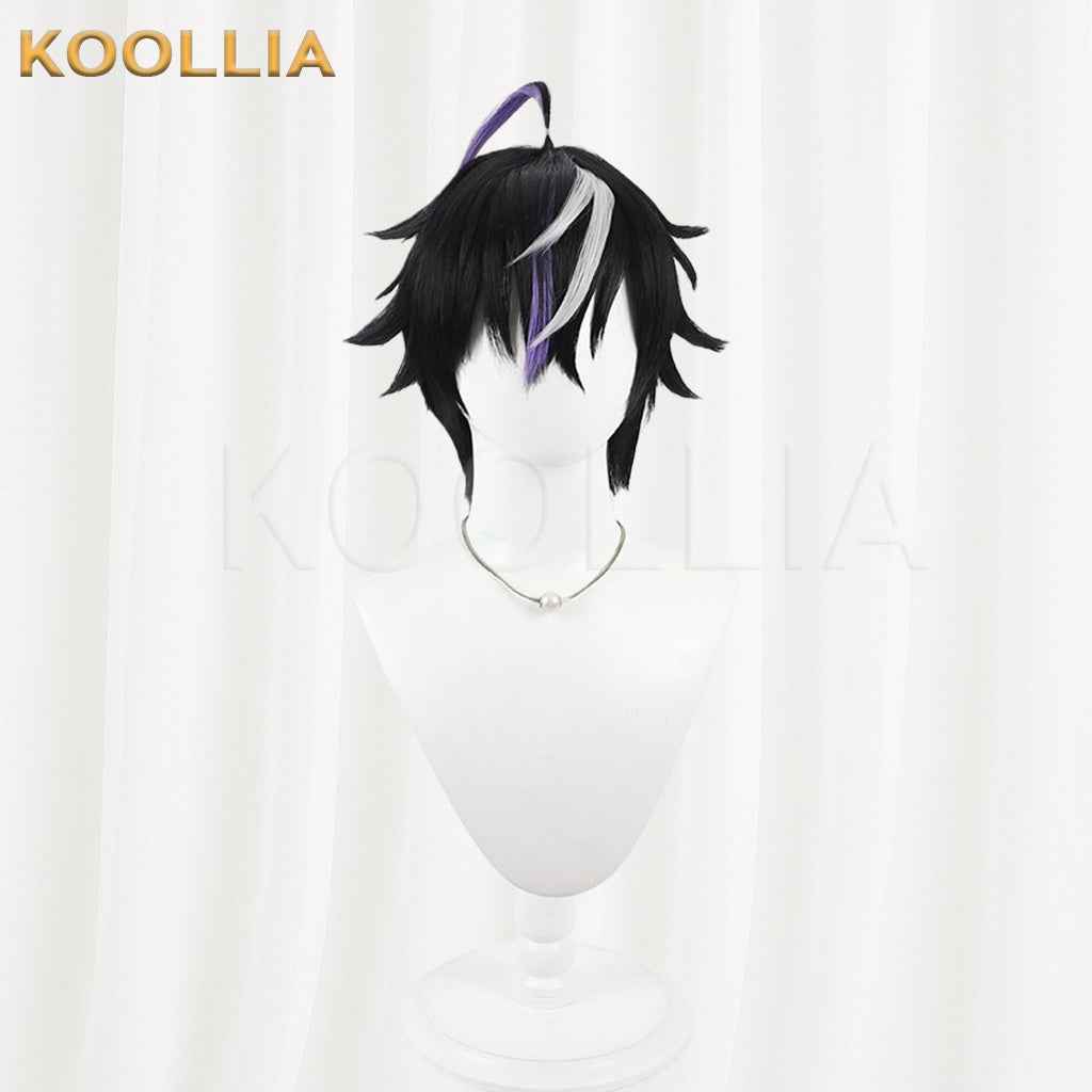 Vtuber Kune Leo Black Layered Short Wig Silver White Purple Highlights Fluffed Root Basic Wig