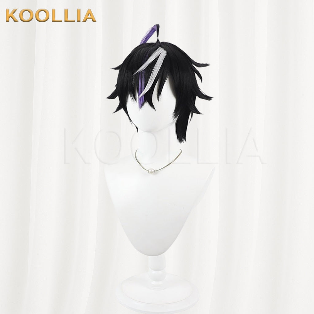 Vtuber Kune Leo Black Layered Short Wig Silver White Purple Highlights Fluffed Root Basic Wig