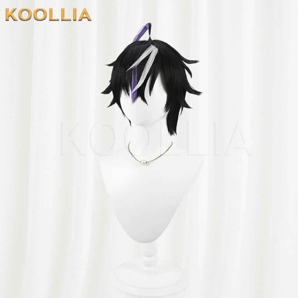 Vtuber Kune Leo Black Layered Short Wig Silver White Purple Highlights Fluffed Root Basic Wig
