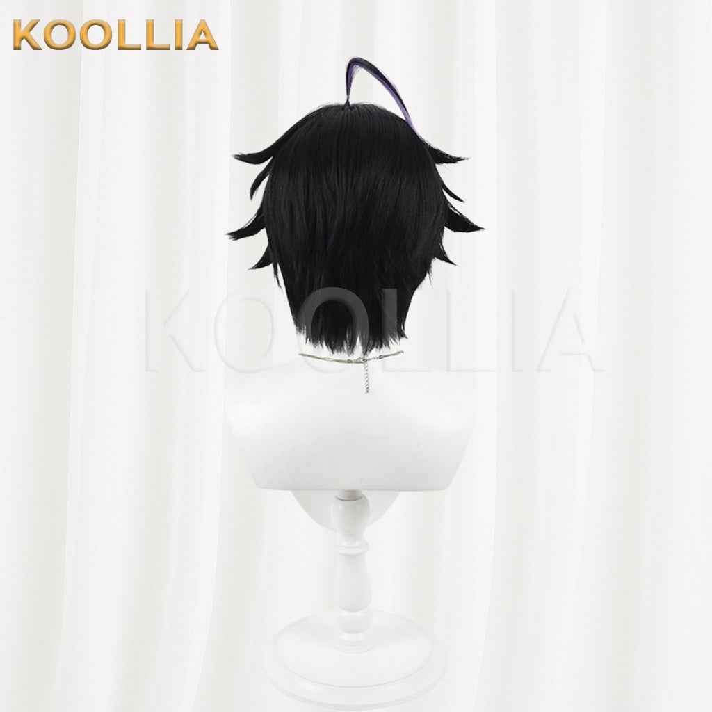 Vtuber Kune Leo Black Layered Short Wig Silver White Purple Highlights Fluffed Root Basic Wig