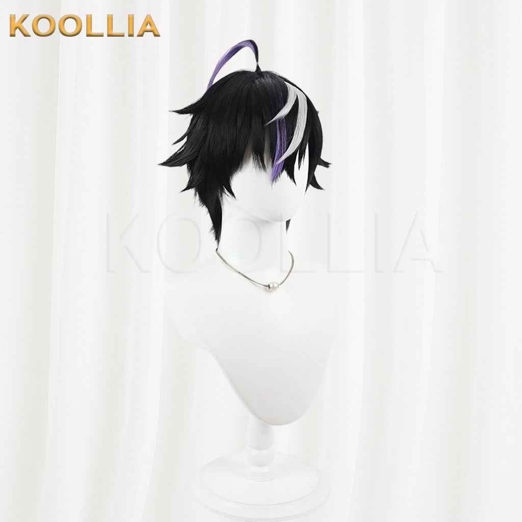 Vtuber Kune Leo Black Layered Short Wig Silver White Purple Highlights Fluffed Root Basic Wig