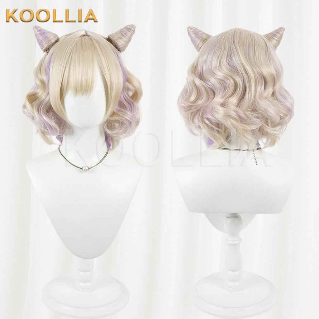 Vtuber Kurumi Noa Blonde Short Curly Wig With Purple Highlights & Detachable Horns Basic Wig