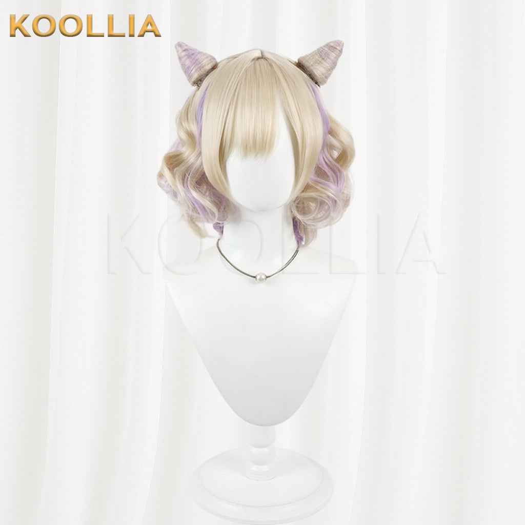 Vtuber Kurumi Noa Blonde Short Curly Wig With Purple Highlights & Detachable Horns Basic Wig