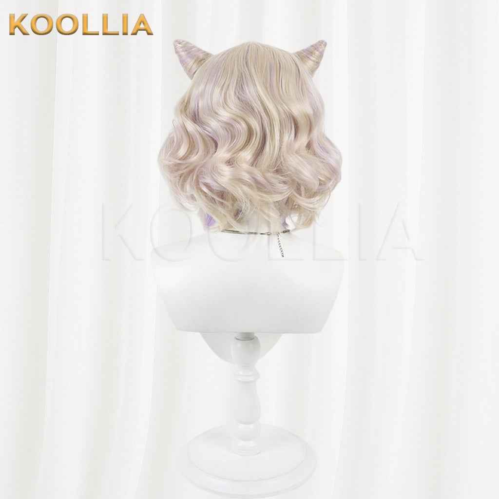 Vtuber Kurumi Noa Blonde Short Curly Wig With Purple Highlights & Detachable Horns Basic Wig