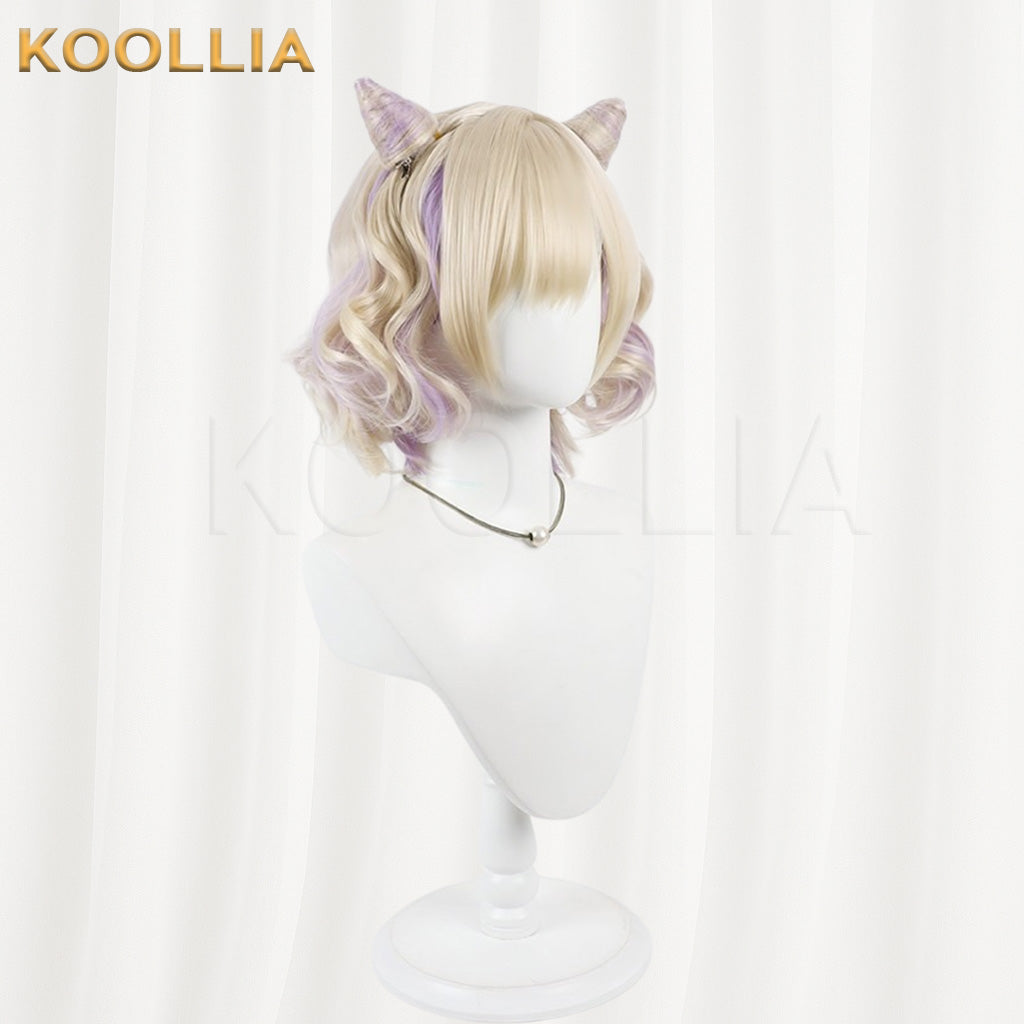 Vtuber Kurumi Noa Blonde Short Curly Wig With Purple Highlights & Detachable Horns Basic Wig