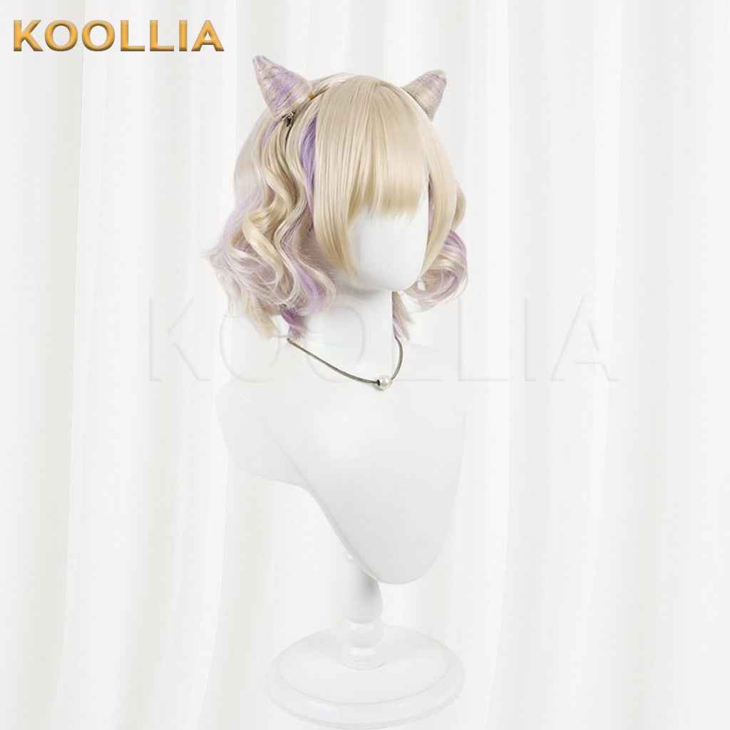 Vtuber Kurumi Noa Blonde Short Curly Wig With Purple Highlights & Detachable Horns Basic Wig