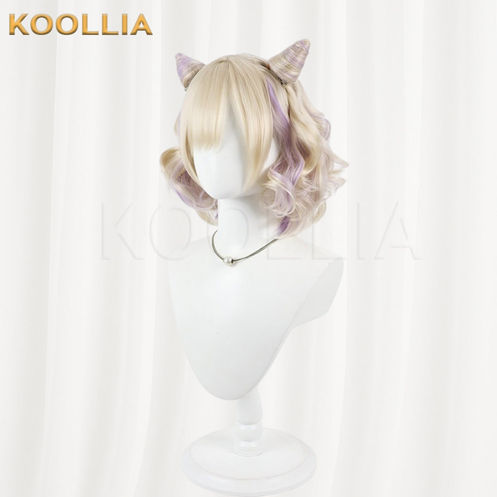 Vtuber Kurumi Noa Blonde Short Curly Wig With Purple Highlights & Detachable Horns Basic Wig
