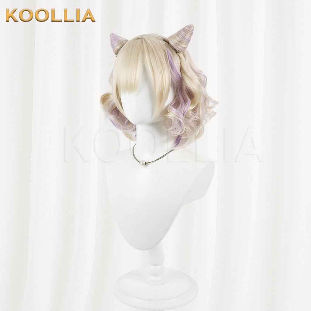Vtuber Kurumi Noa Blonde Short Curly Wig With Purple Highlights & Detachable Horns Basic Wig