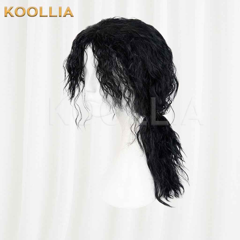 Michael Jackson Black Wool Curly Medium Long Hair Low Ponytail Men Cosplay Wig Basic Wig