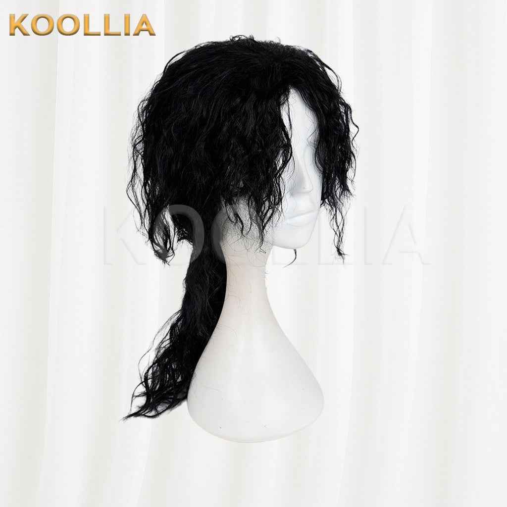 Michael Jackson Black Wool Curly Medium Long Hair Low Ponytail Men Cosplay Wig Basic Wig