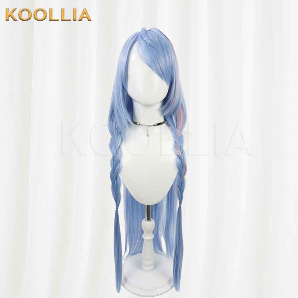 Blue Archive Mine Light Ice Blue Hair With Pink Highlights Long Twin Braids Basic Wig