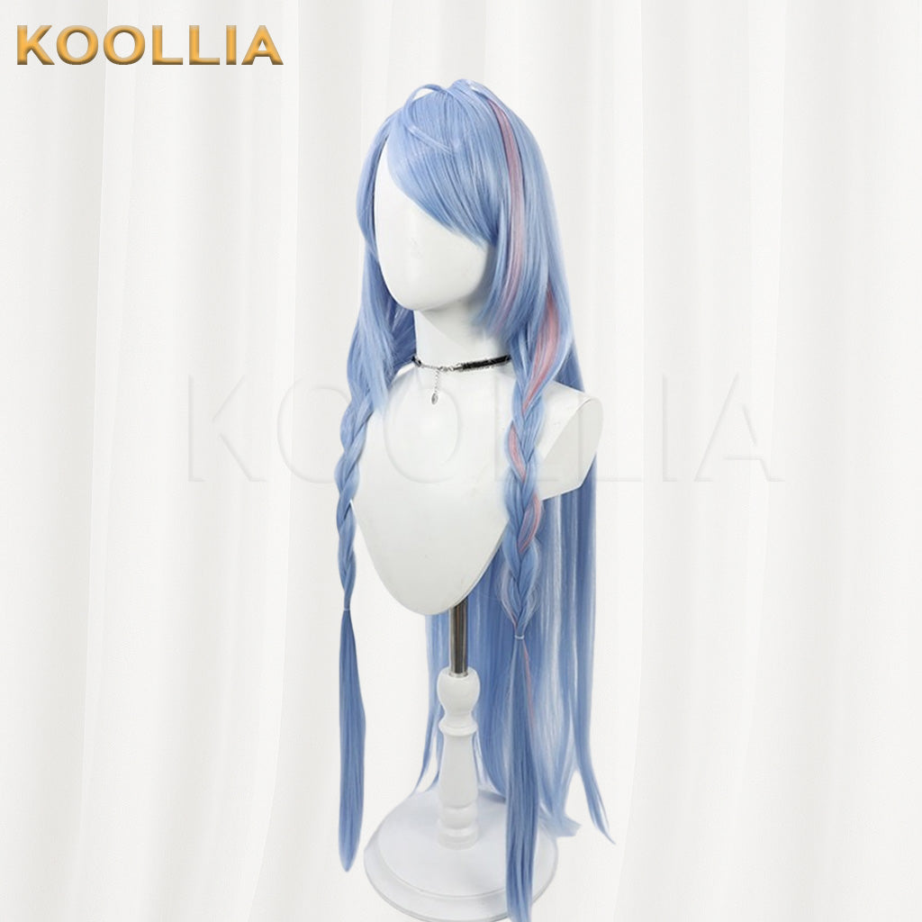 Blue Archive Mine Light Ice Blue Hair With Pink Highlights Long Twin Braids Basic Wig