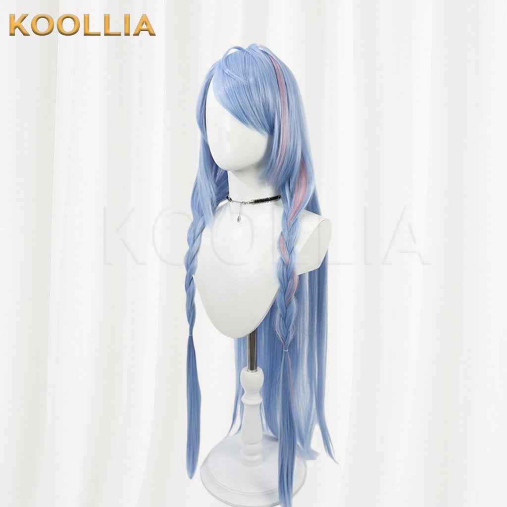 Blue Archive Mine Light Ice Blue Hair With Pink Highlights Long Twin Braids Basic Wig