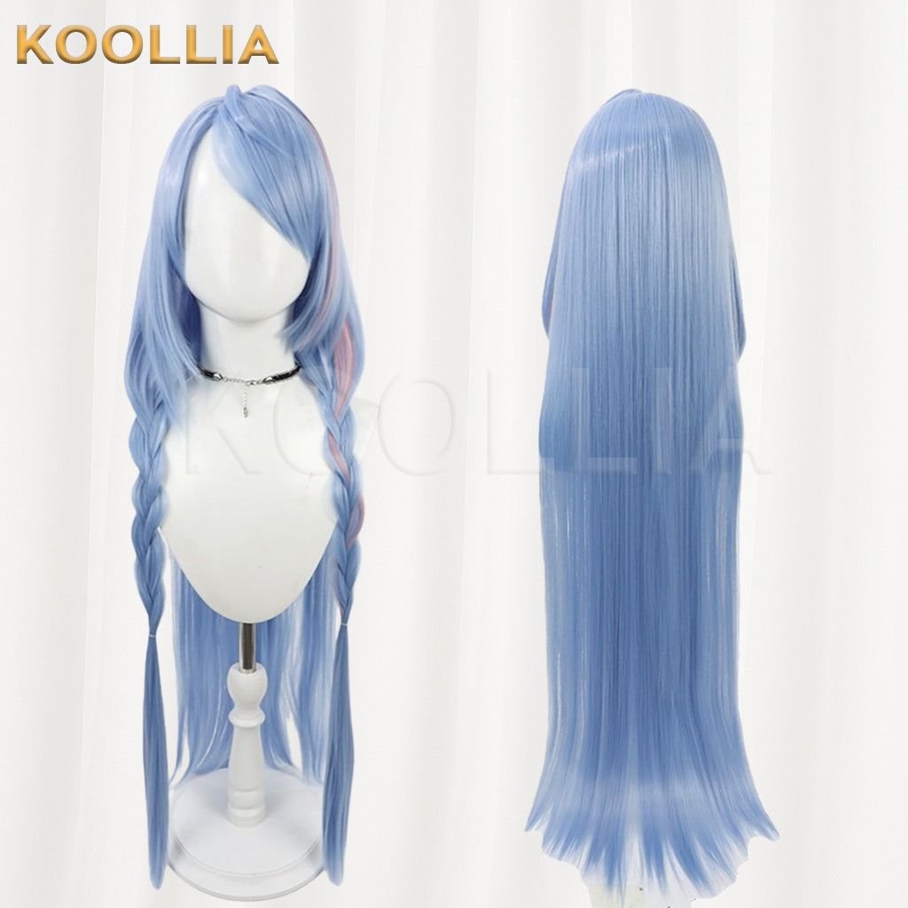 Blue Archive Mine Light Ice Blue Hair With Pink Highlights Long Twin Braids Basic Wig