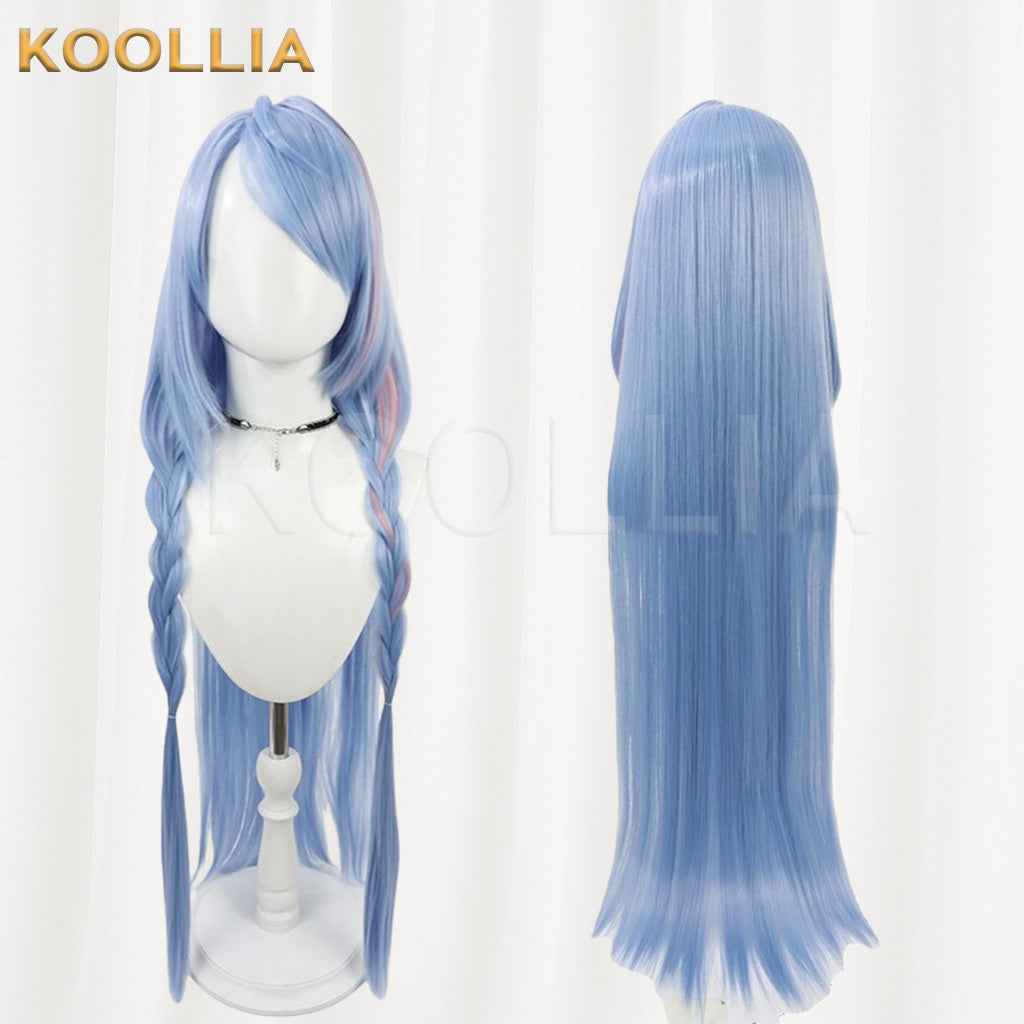 Blue Archive Mine Light Ice Blue Hair With Pink Highlights Long Twin Braids Basic Wig