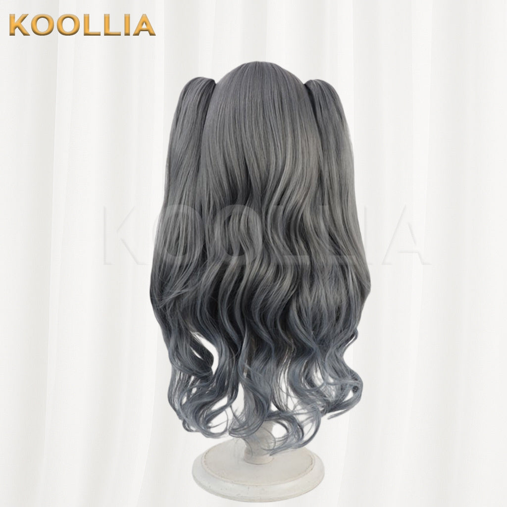 Maebashi Majo Shinzato Anju Wig Gray Blue Double High Ponytails Curly Basic Wig