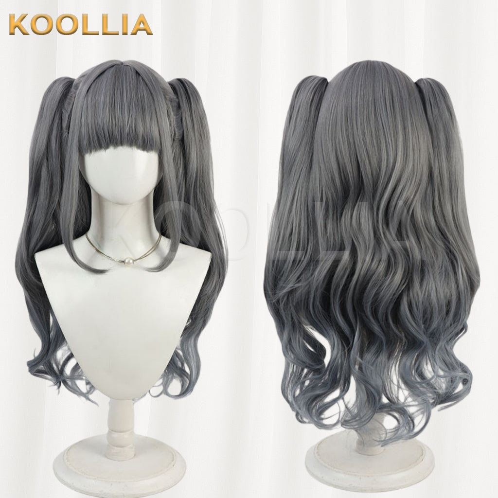 Maebashi Majo Shinzato Anju Wig Gray Blue Double High Ponytails Curly Basic Wig