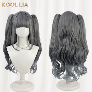 Maebashi Majo Shinzato Anju Wig Gray Blue Double High Ponytails Curly Basic Wig