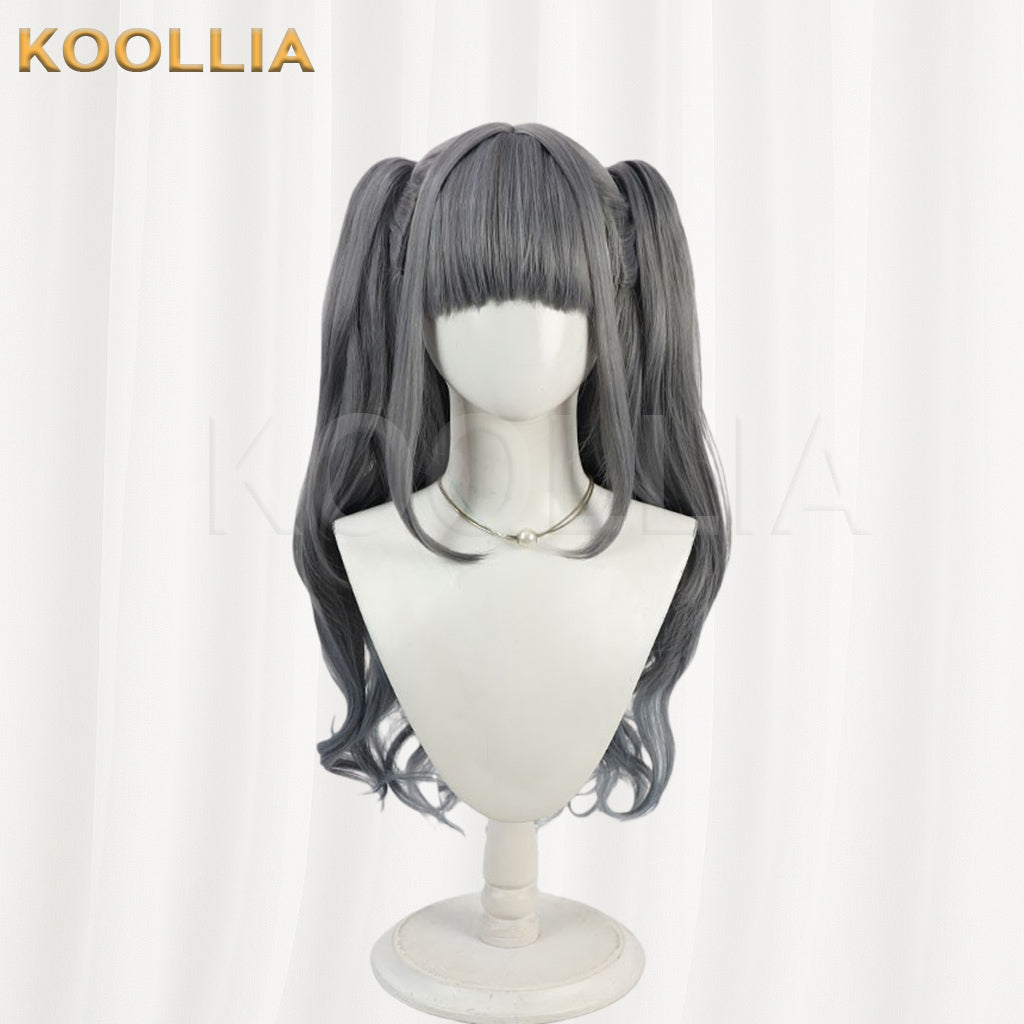 Maebashi Majo Shinzato Anju Wig Gray Blue Double High Ponytails Curly Basic Wig