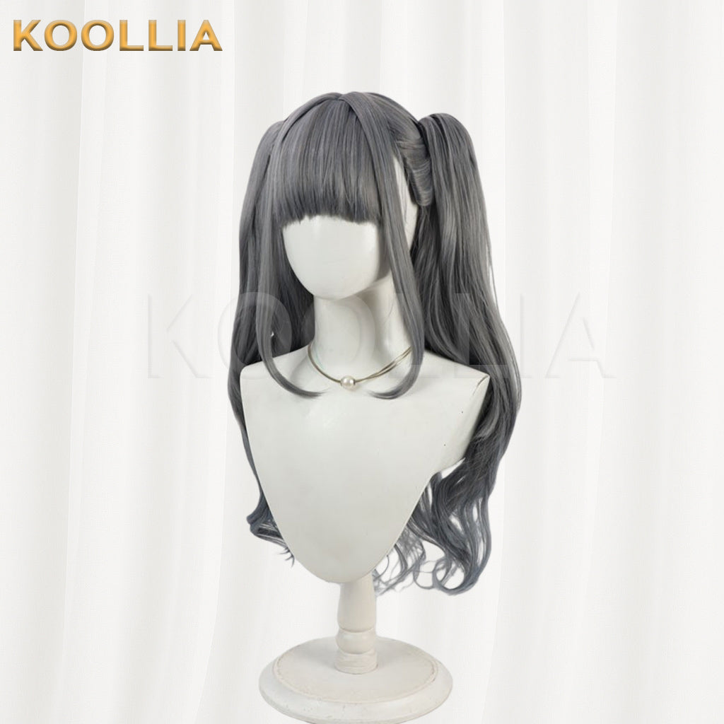 Maebashi Majo Shinzato Anju Wig Gray Blue Double High Ponytails Curly Basic Wig