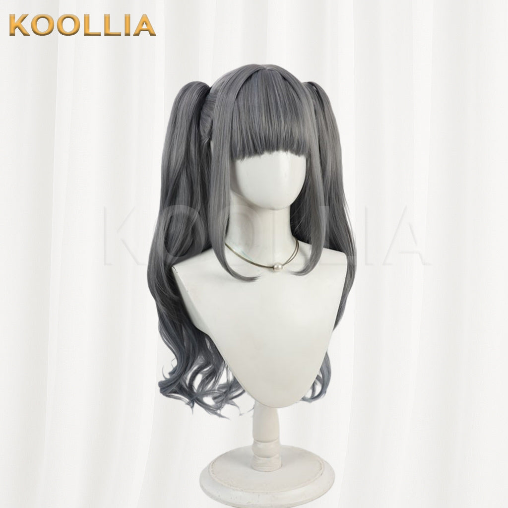 Maebashi Majo Shinzato Anju Wig Gray Blue Double High Ponytails Curly Basic Wig