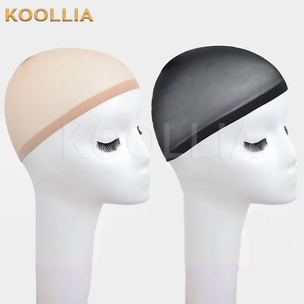 Professional stretchy stocking wig cap set by Koollia, showing a nude beige cap and a black cap on white mannequin heads over a clean light background