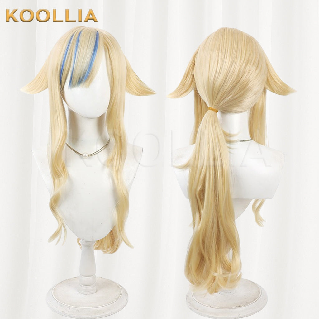 Virtual VTuber Suzuki Hina Wig Light Gold With Blue Bang Highlights Long Wavy Curly Basic Wig