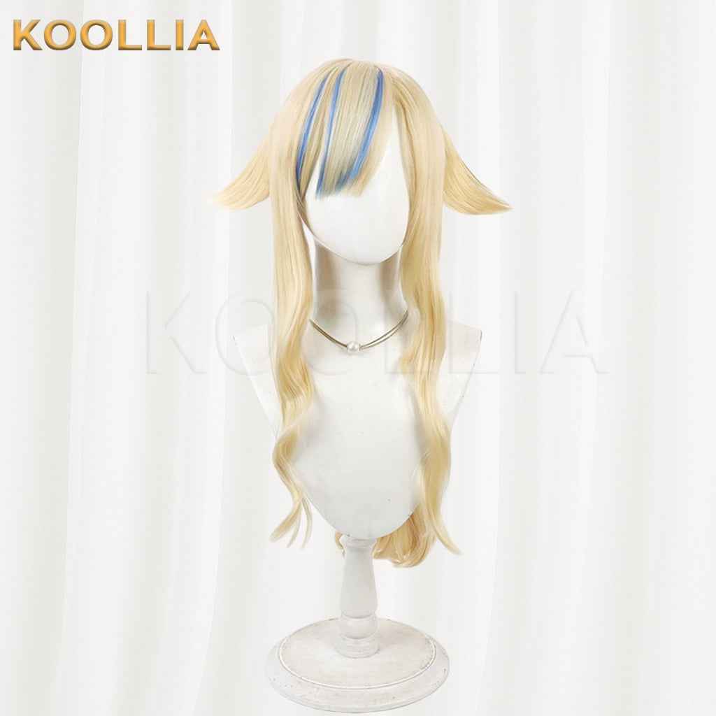 Virtual VTuber Suzuki Hina Wig Light Gold With Blue Bang Highlights Long Wavy Curly Basic Wig