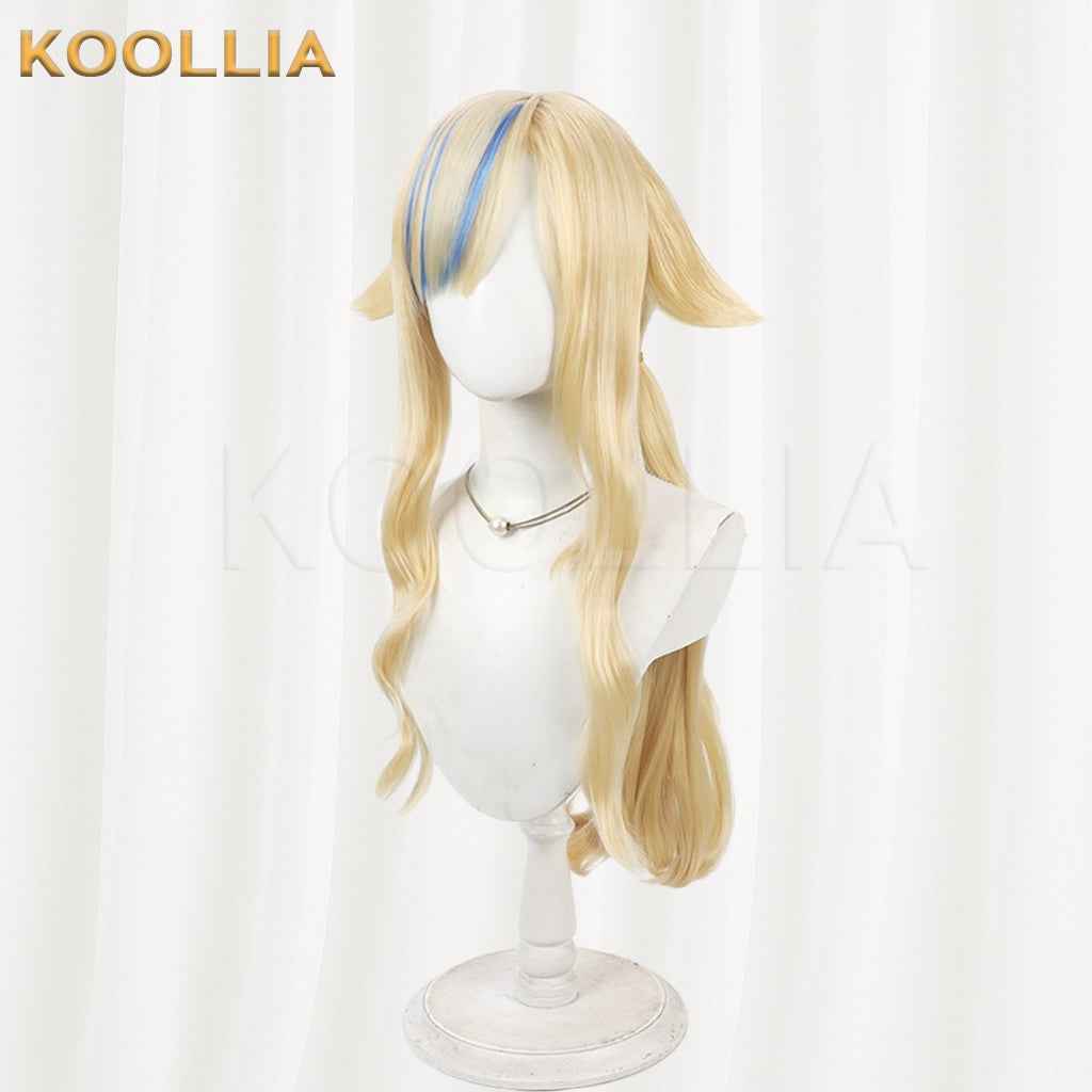 Virtual VTuber Suzuki Hina Wig Light Gold With Blue Bang Highlights Long Wavy Curly Basic Wig