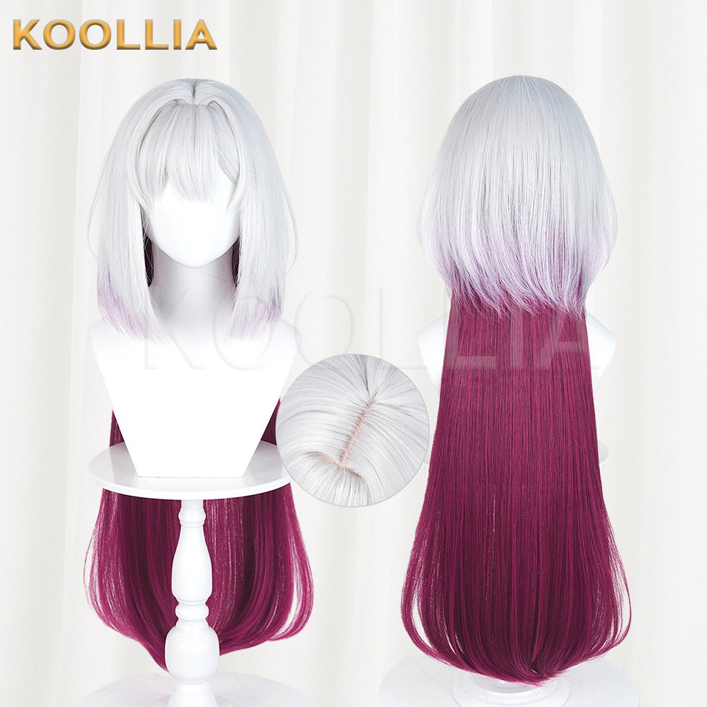 Ribbon Hero Velvet Wig Pale Silver‑White Wine Red Gradient Extra‑Long Straight Hair Realistic Scalp Top Basic Wig