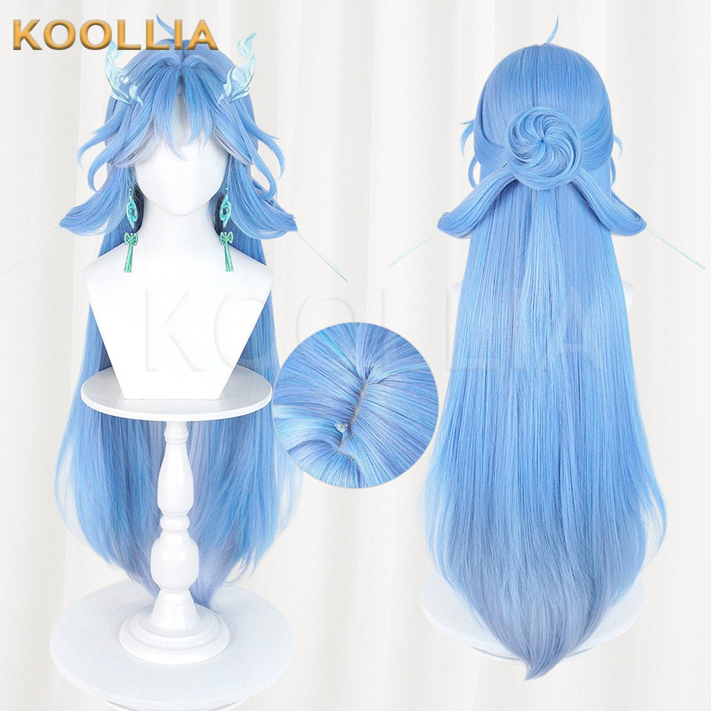 Wuthering Waves Qingxiao Sky Blue Gradient Long Hair Detachable Claw Clip Bun Basic Wig