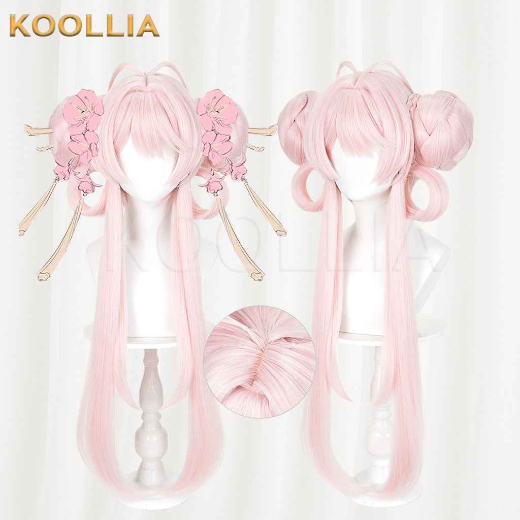 Honor of Kings Xiao Qiao Wig Light Cherry Pink Double Braided Bun Extra Long Hanging Straight Basic Wig