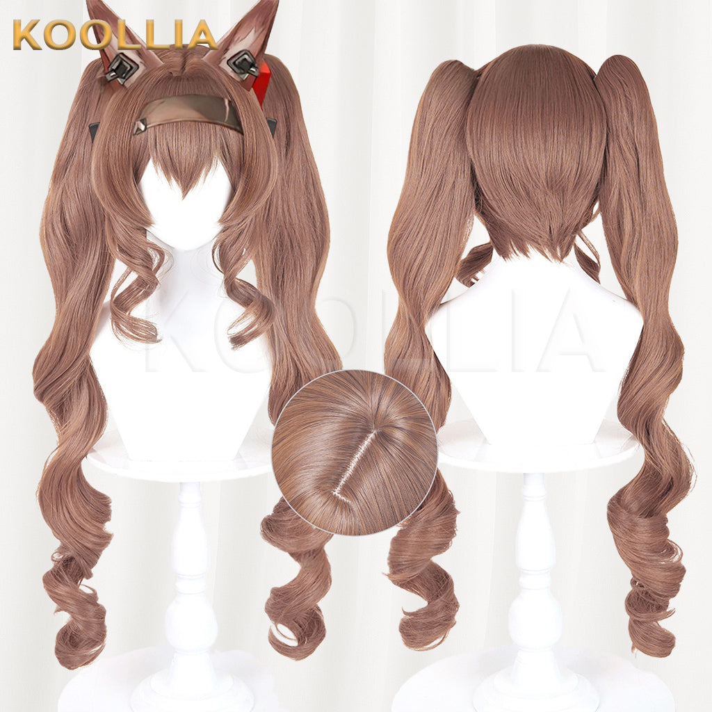 Arknights Angelina Wig Milk‑tea Brown Realistic Scalp Top Short Base Detachable Spiral Curled Twin Tails Basic Wig