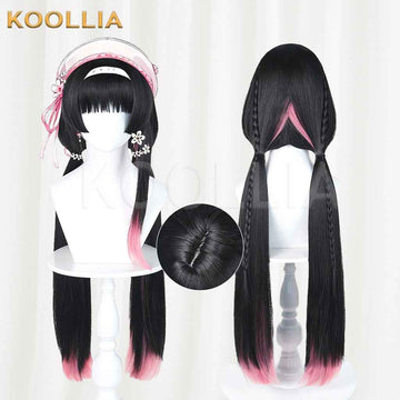 Wuthering Waves Chisaki Wig Black Pink Gradient Realistic Scalp Top Integrated Hime‑Cut Long Twin Ponytail Basic Wig