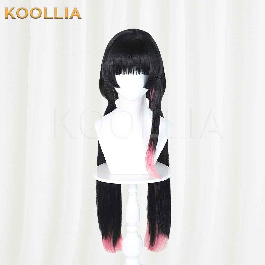 Wuthering Waves Chisaki Wig Black Pink Gradient Realistic Scalp Top Integrated Hime‑Cut Long Twin Ponytail Basic Wig