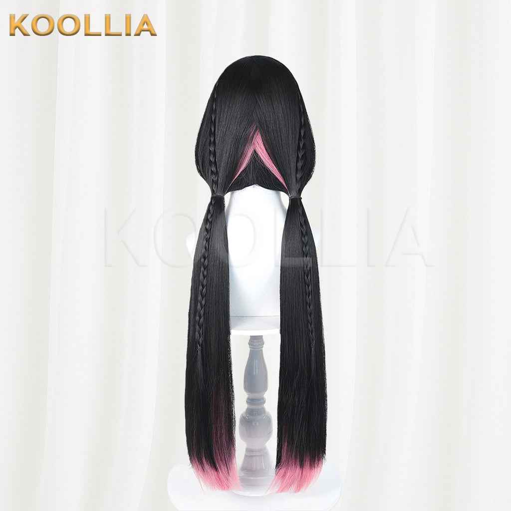 Wuthering Waves Chisaki Wig Black Pink Gradient Realistic Scalp Top Integrated Hime‑Cut Long Twin Ponytail Basic Wig