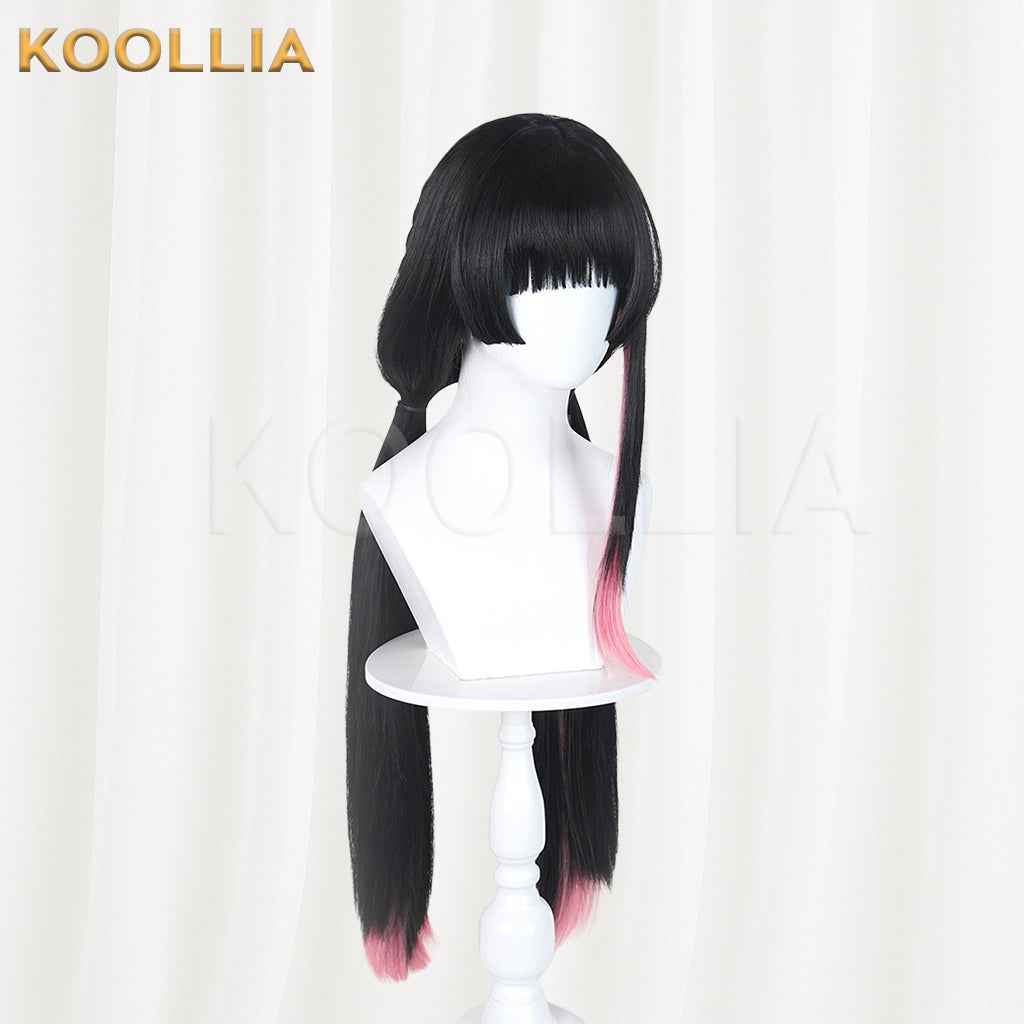 Wuthering Waves Chisaki Wig Black Pink Gradient Realistic Scalp Top Integrated Hime‑Cut Long Twin Ponytail Basic Wig