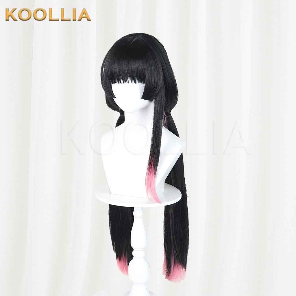 Wuthering Waves Chisaki Wig Black Pink Gradient Realistic Scalp Top Integrated Hime‑Cut Long Twin Ponytail Basic Wig