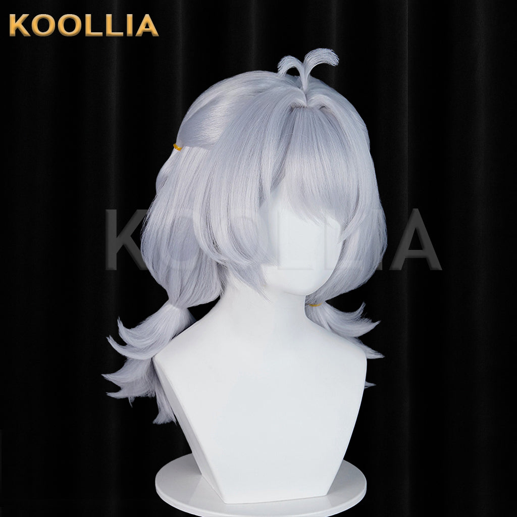 Zenless Zone Zero Drechna Light Silver‑Grey Wig Pre‑Braided Flip‑Up Short Twin Pigtails Ahoge Realistic Scalp Top Basic Wig