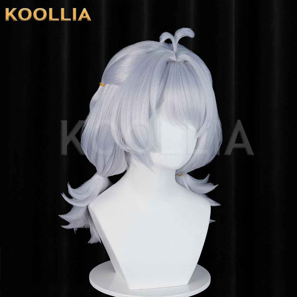 Zenless Zone Zero Drechna Light Silver‑Grey Wig Pre‑Braided Flip‑Up Short Twin Pigtails Ahoge Realistic Scalp Top Basic Wig