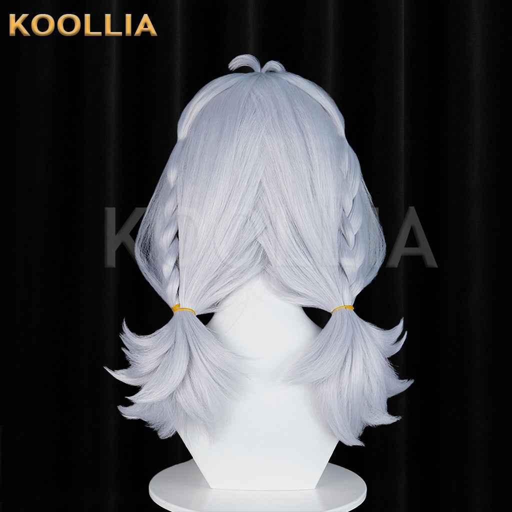 Zenless Zone Zero Drechna Light Silver‑Grey Wig Pre‑Braided Flip‑Up Short Twin Pigtails Ahoge Realistic Scalp Top Basic Wig