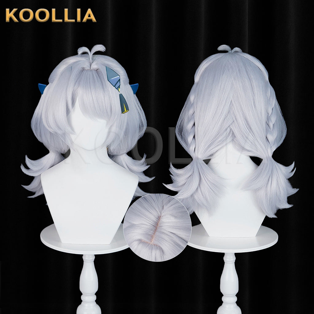 Zenless Zone Zero Drechna Light Silver‑Grey Wig Pre‑Braided Flip‑Up Short Twin Pigtails Ahoge Realistic Scalp Top Basic Wig