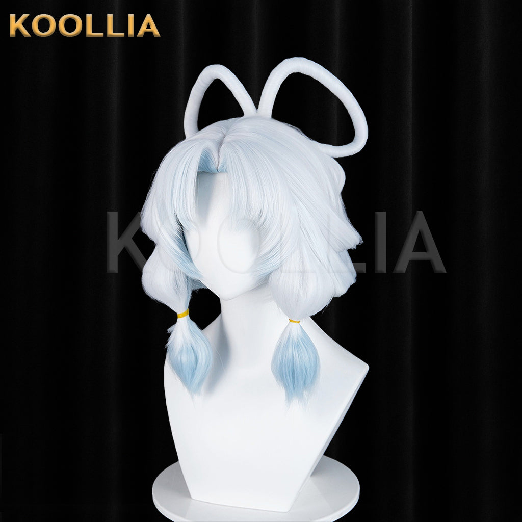 Honor of Kings Gongsun Li Frost‑Moon White Wig Pre‑Shaped Loops Buns Lantern Braids Ice‑Blue Gradient Realistic Scalp Top Basic Wig