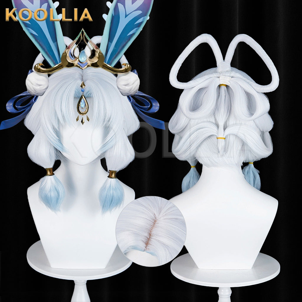Honor of Kings Gongsun Li Frost‑Moon White Wig Pre‑Shaped Loops Buns Lantern Braids Ice‑Blue Gradient Realistic Scalp Top Basic Wig