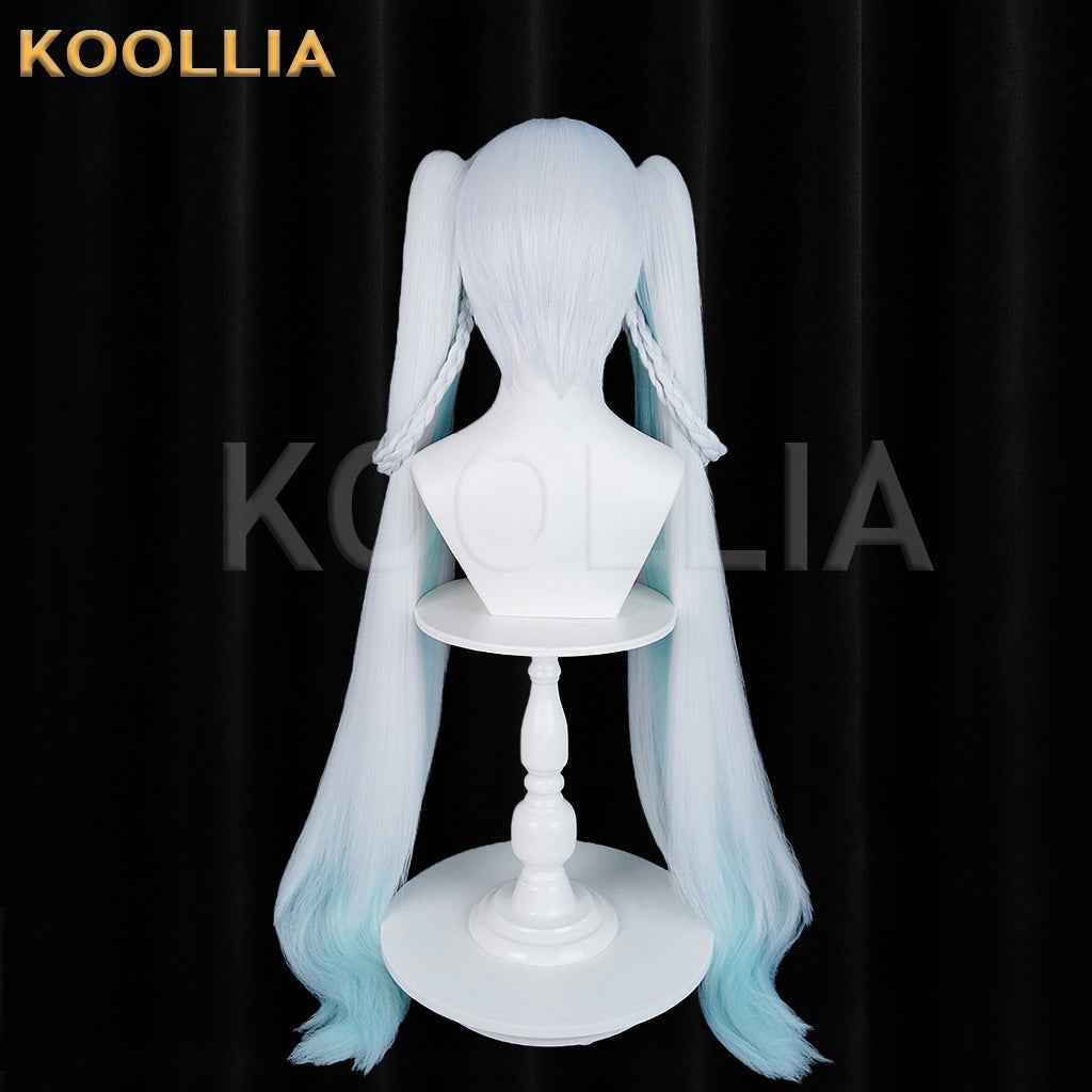 Wuthering Waves Jinxie New World Tour Concert Wig Icy‑White Sky‑Blue Gradient Braided Twin Ponytails Realistic Scalp Top Basic Wig