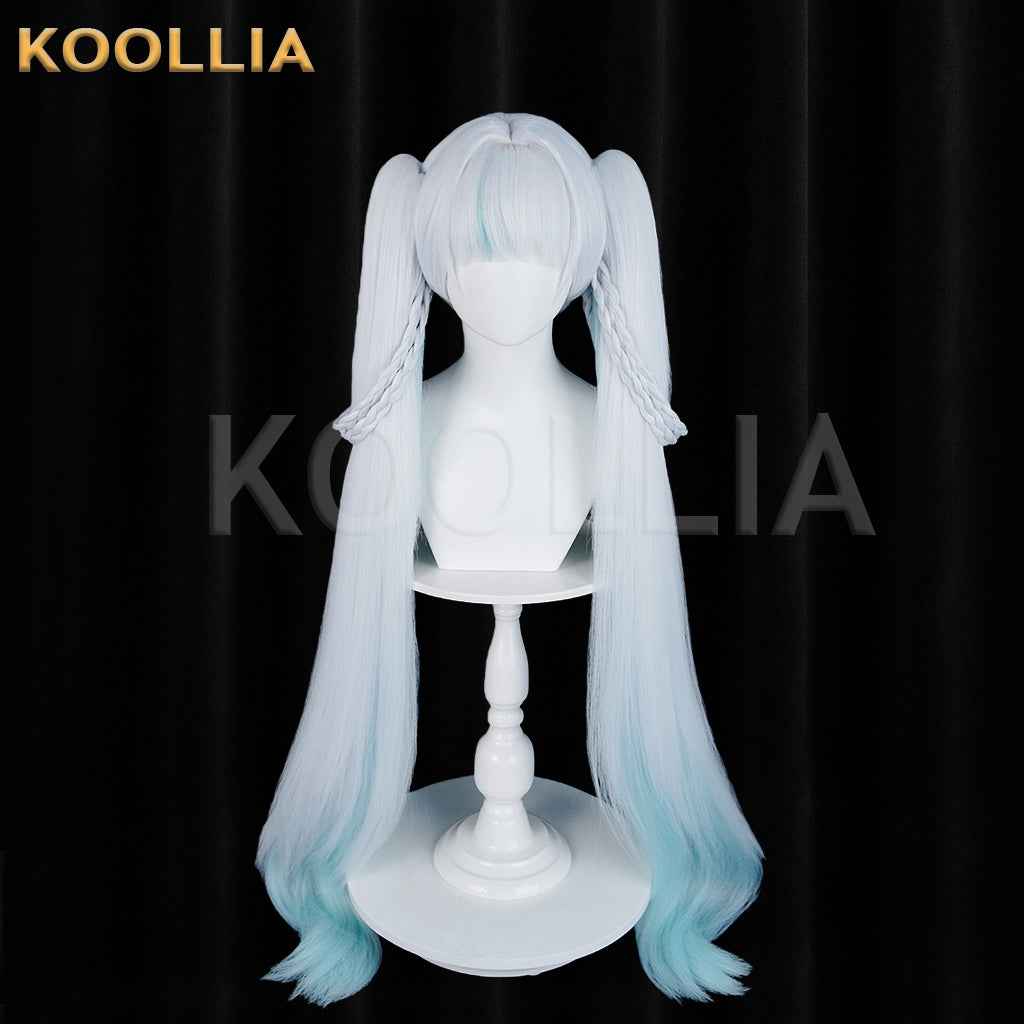 Wuthering Waves Jinxie New World Tour Concert Wig Icy‑White Sky‑Blue Gradient Braided Twin Ponytails Realistic Scalp Top Basic Wig