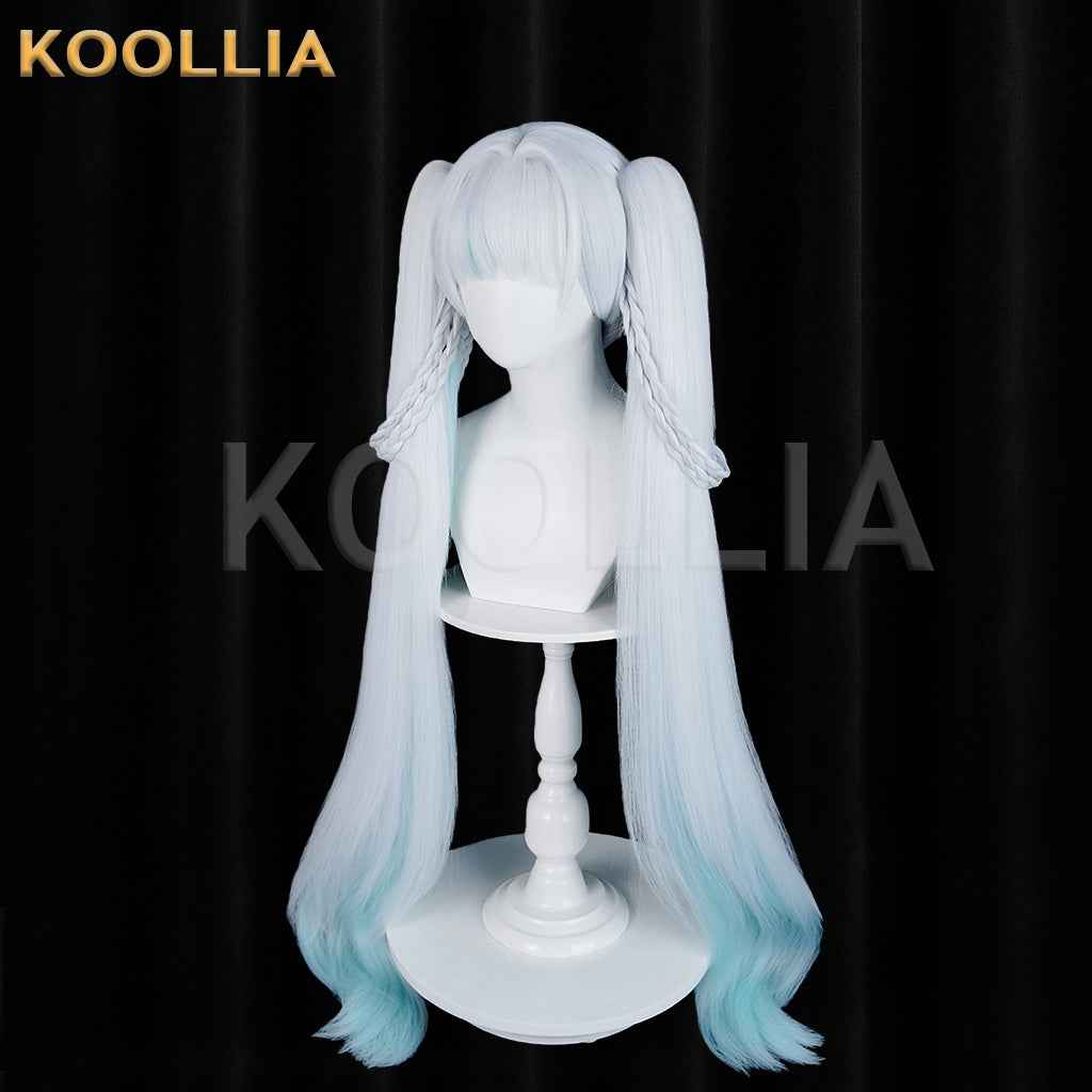Wuthering Waves Jinxie New World Tour Concert Wig Icy‑White Sky‑Blue Gradient Braided Twin Ponytails Realistic Scalp Top Basic Wig