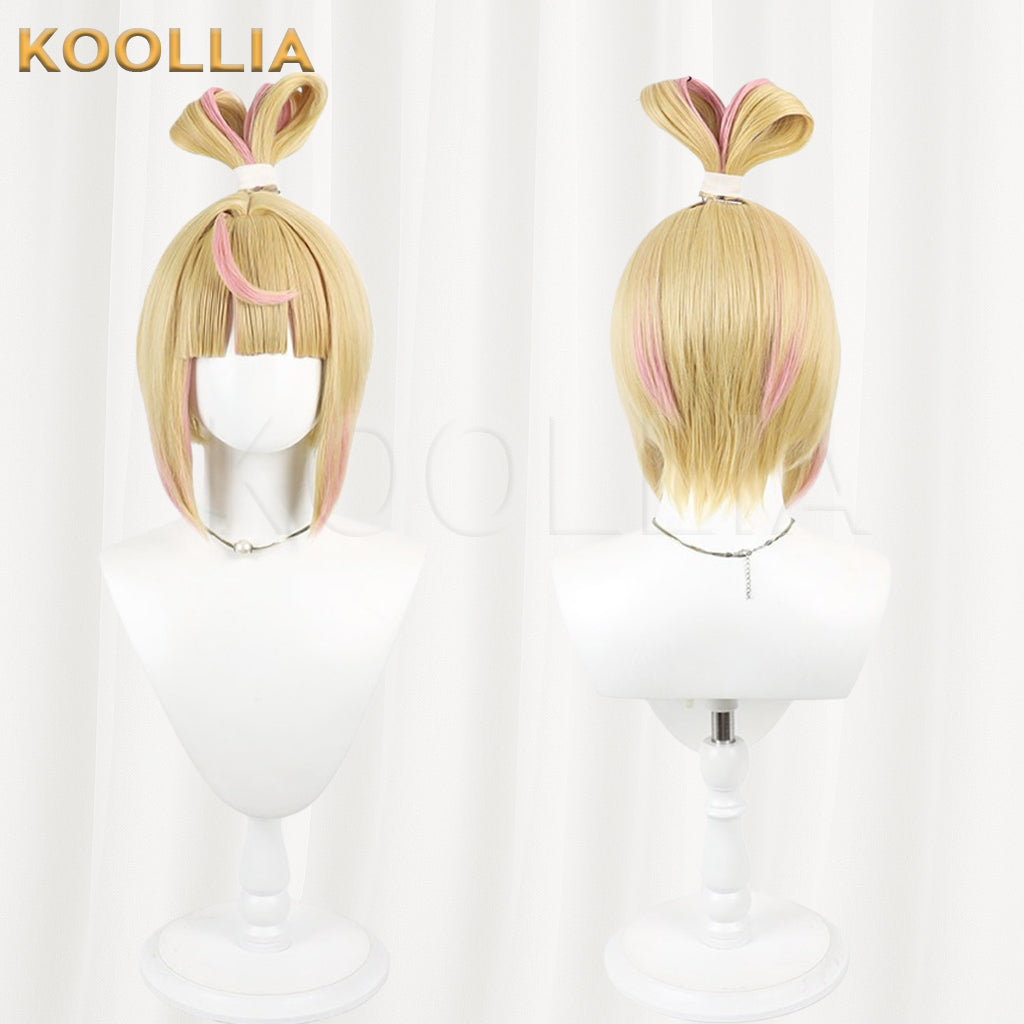 Overwatch Juno Wig Light Gold With Pink Highlights Realistic Scalp Top Energetic Bob Short Hair All‑In‑One Bow Loop Updo Basic Wig