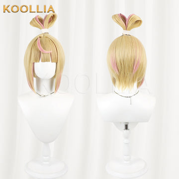Overwatch Juno Wig Light Gold With Pink Highlights Realistic Scalp Top Energetic Bob Short Hair All‑In‑One Bow Loop Updo Basic Wig